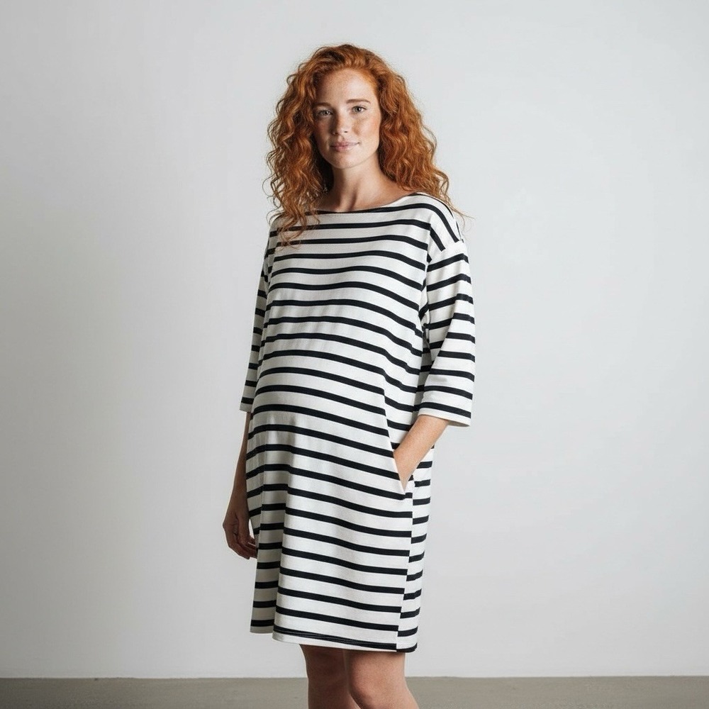 The‎ Nines by Hatch Striped Maternity Dress Patch Pockets Boat Neck Size XS